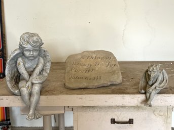 G/ 3pcs - Decorative Garden Ornaments: Sitting Cherub, Sitting Gargoyle, Stone Garden Plaque