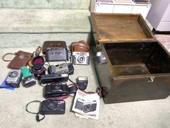 K/ Box 11pcs - Vintage/Antique Film Cameras: Nikon, Pentax, Bessa, Optima 1, Cannon Etc