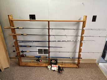 CR/D 12pcs - Custom Homemade Pine Fishing Rod Holder With Rods & Reels: Shakespeare, Olympic, Mitchell Etc