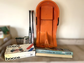 G/ 6pcs - Sports Lot: Bocce Set, Horseshoe Set, Bats Etc