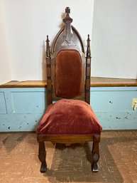 M/ 1 0f 2 Vintage Gothic Revival Wood And Burgundy Velvet Chair