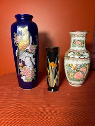 DR/ Box 3pcs - Gorgeous Asian Vase Lot - Vibrant And Colorful