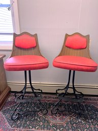 CR/D - 2 MCM Red Swivel Bar Stools W Solid Black Metal Bases & Foot Rests - Vinyl Red Seats And Back Cushions
