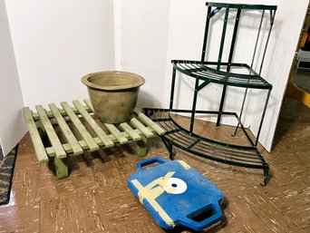 M/ 4pcs - 3 Tier Green Steel Corner Planter Stand, Glazed Planter Pot, Plant Dolly, Wooden Stand