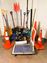 M/ 18pcs - Work And Yard Tools, Shovels, Flat Bed Dolly, Tarp, Safety Cones Etc