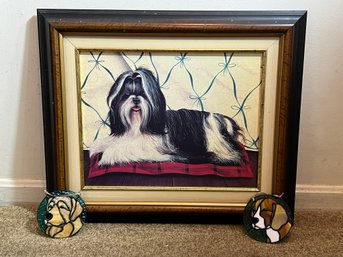 DR/ 3pcs - Large Painting Of A Pekinese Dog And 2 Small Stained Glass Window Ornaments Of Dogs