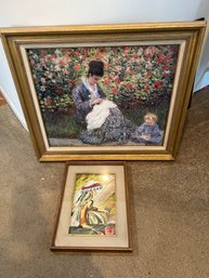 DR/ 2pcs - Large Woman & Child Signed 'Claude Monet 75' Framed Art And An Original Framed Folk Art