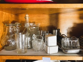 K/ Shelf Of Ceramic, Glass And Metal - Dessert Bowls, Creamers, Small Pitchers And Cruets Etc