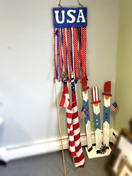 AD/A 5pcs - USA Patriotic Decor: 2 Flags, Standing Uncle Sams, Flag Pole Stick Etc