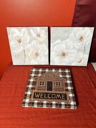 DR/ 3pcs - Artwork - Prints On Canvas: 2 With 3D Flowers And Welcome Cabin