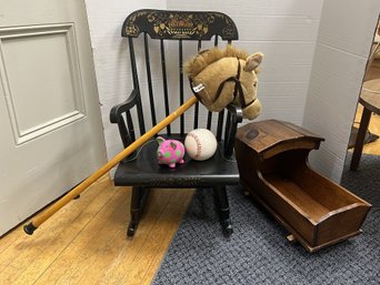 N/ 5pcs - Classic Childhood Items: Childs Rocker, Cradle, Hobby Horse, 2 Banks (Baseball, Piggy)