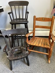 AD/A 3pcs - Vintage Children's Wooden Chairs: High Chair, Rocking Chair, Potty Seat
