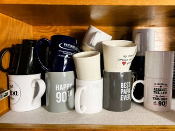 K/ Shelf Of Assorted Mugs - Some With Sayings