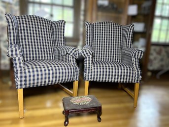 LR/ 3pcs - Comfy Navy And Ivory Plaid Wingback Armchairs By Ethan Allen And Foot Stool