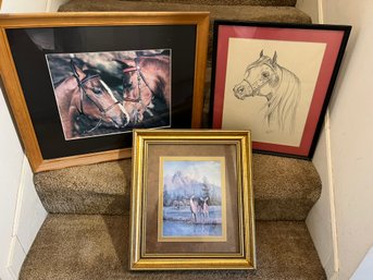 DR/ 3pcs - Framed Photo 2 Horses, Framed Print Deer, Pencil Sketch By Bev Wilson