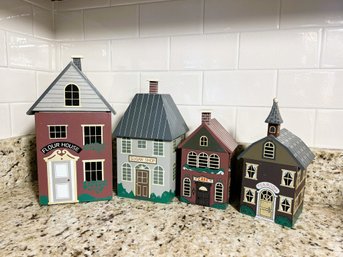 K/ 4pcs - Cute Wooden Painted Little Houses Canister Set: Flour, Sugar, Cafe And Tea Room