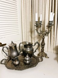 DR/ 5pcs - Ornate Brass (?) Candelabra And Silver Plate Beverage Set