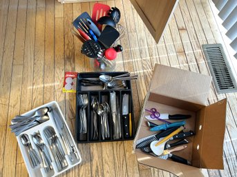 K/ 4 Containers: Kitchen Flatware, Cooking Utensils, Knives Etc