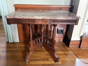 S/ Vintage/Antique Wood Base Marble Top Accent Table W Beautiful Carved Detailing, 4 Wheels