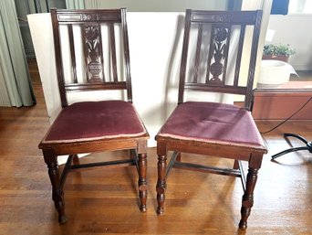 S/ 2 Beautiful Vintage Ornate Wood Side Chairs With Pink Velvet Seats