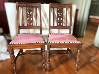 S/ 2 Beautiful Vintage Ornate Wood Side Chairs W Nailhead Trim And Pink Velvet Seats