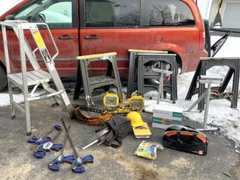 G/ 20plus Pieces: Construction Lot: Aluminum Ladder, Irwin Clamps, Work Belts, Work Horses Etc