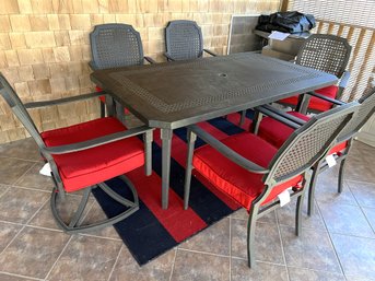 P/8 Pcs - Outdoor Deck Patio Table By Weatherstone 6 Chairs & Striped 52' X 84' Area Rug By Tributary