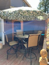 P/ Round Stone & Metal High Top Deck Patio Table, 4 High Swivel Chairs, Arden Paradise Umbrella & Base