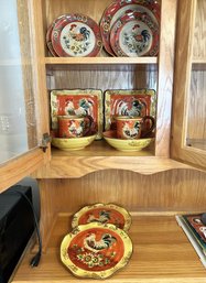 DR/ 12 Pcs - Orange Rooster Painted Ceramic Dinnerware - 8 Asstd Size Plates, 2 Bowls, 2 Mugs