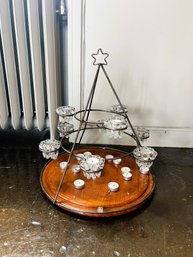 S/ Pretty Wood & Metal Candle Holder: Round Base W Star Shaped Metal Top & Floral Shaped Glass Candle Holders