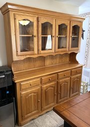 DR/ 2 Pc Honey Stained Wood China Cabinet Hutch Sideboard - 4 Drawers, 4 Wood & 4 Glass Doors