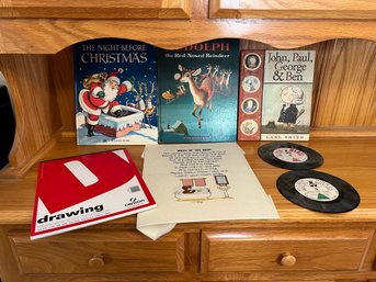 DR/ 7pc Children's Lot- 2 45RPM Records, 3 Books, 1 Needlepoint Wall Art, 1 Pad Drawing Paper