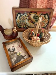 DR/ 7 Pc Chicken Rooster - Basket, 3 Chickens, Rooster Key Box, Ceramic FAPCO Chicken, Stained Glass Rooster