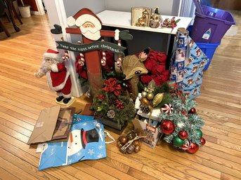 H/ 2 Bins Plus: Assorted Christmas: Decor, Wrap, Santa Light Fixture, Smalls And More