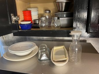 K/ Bottom Shelf: Assortment Of Kitchen Items: Plastic, Ceramic And Metal