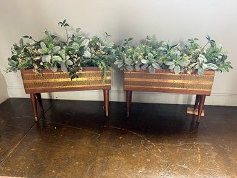 S/ 2pcs - MCM Style Beautiful Wood W Brass Trim Vintage Planters With Faux Flowers