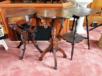 S/ 3 Beautiful Vintage Wood Accent Tables: 2 Square, 1 Clover Shaped, All W Lovely Carved Detailing