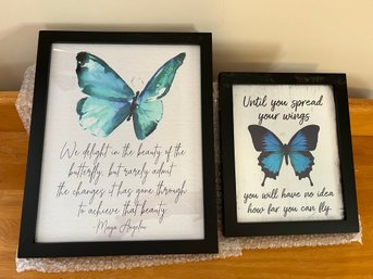 DR/ 2 Beautifully Framed Butterfly Wall Art - Inspirational Sayings, Glass Front, Black Frames