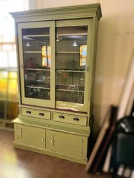 M/ Lovely Vintage Green Painted Wood Hutch With Glass Doors - Loads Of Storage