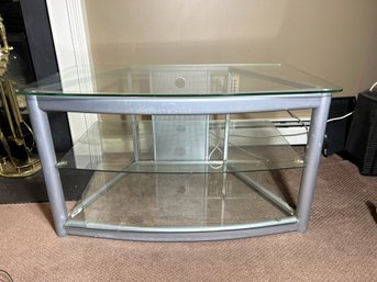 L/ TV - Media Glass Top And Shelf Table With Gray Metal Frame By 'Powell'