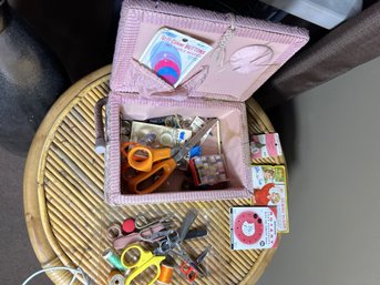 L/ Vintage Sewing Box Filled With Scissors Thread Etc
