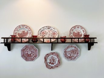 FR/ 11pcs - Vintage Cranberry Glass And China Decor: Spode, Johnson Bros. Etc With Display Shelf