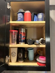 K/ Whole Cabinet Left Of Sink: Koozies, Travel-insulated Cups, Plastic And Metal - Extra Lids
