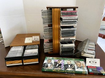 FR/ Music Lot - Rotating Wood Holder, 2 Cases, Assorted CD's & Cassettes: Big Band, Tenors Etc