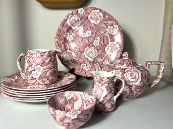 DR/ 11pcs - Victorian Chintz 'Burleigh' China Lot' Red And White Rose Pattern