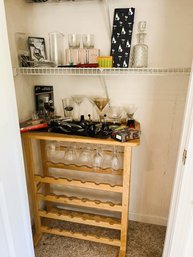 FR/ Rack & 1 Shelf - Bar Lot #1: Wood Wine Rack, Glassware, Gadgets, Lenox, Brookstone Etc