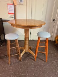 M/ Pub Height Round Wood Bar Table & 2 Padded Bar Stools