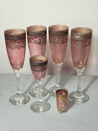 DR/ Box 6pcs - Gorgeous Vintage Pink Glass Stemware With Gold Design