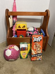 DR/ Box - Wood Toy Box (Actually A Saddle Tote Box) W Toys, Puzzle, Umbrella, Balls Etc