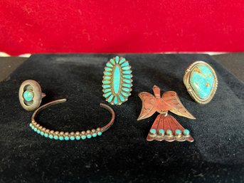 IR/ Bag 5pcs - Assorted Southwestern Turquoise Rings, Pin And Bracelet